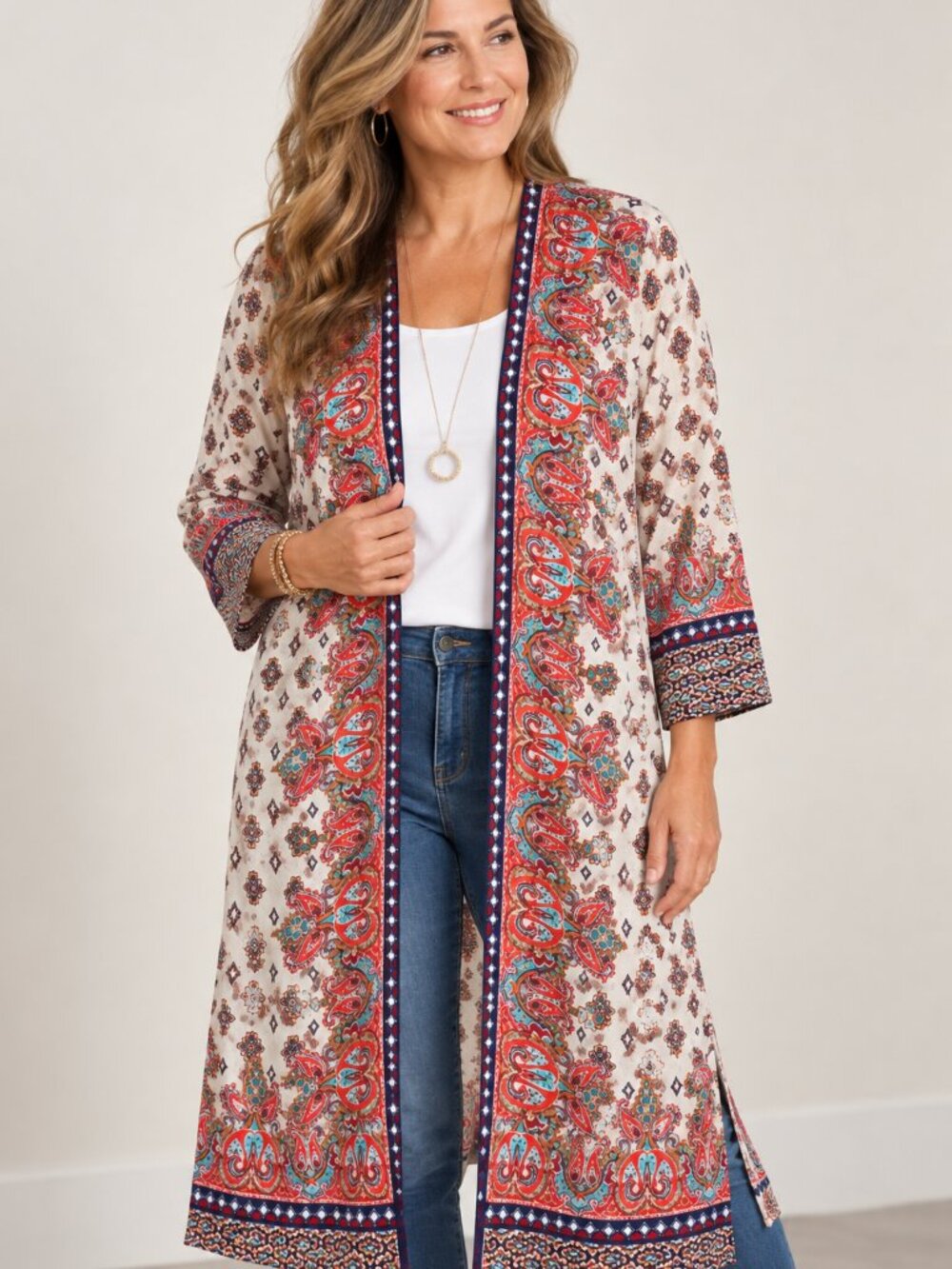 Chico’s Size 2 Duster Cardigan Cream Red Blue Paisley Open Front 3/4 Sleeve